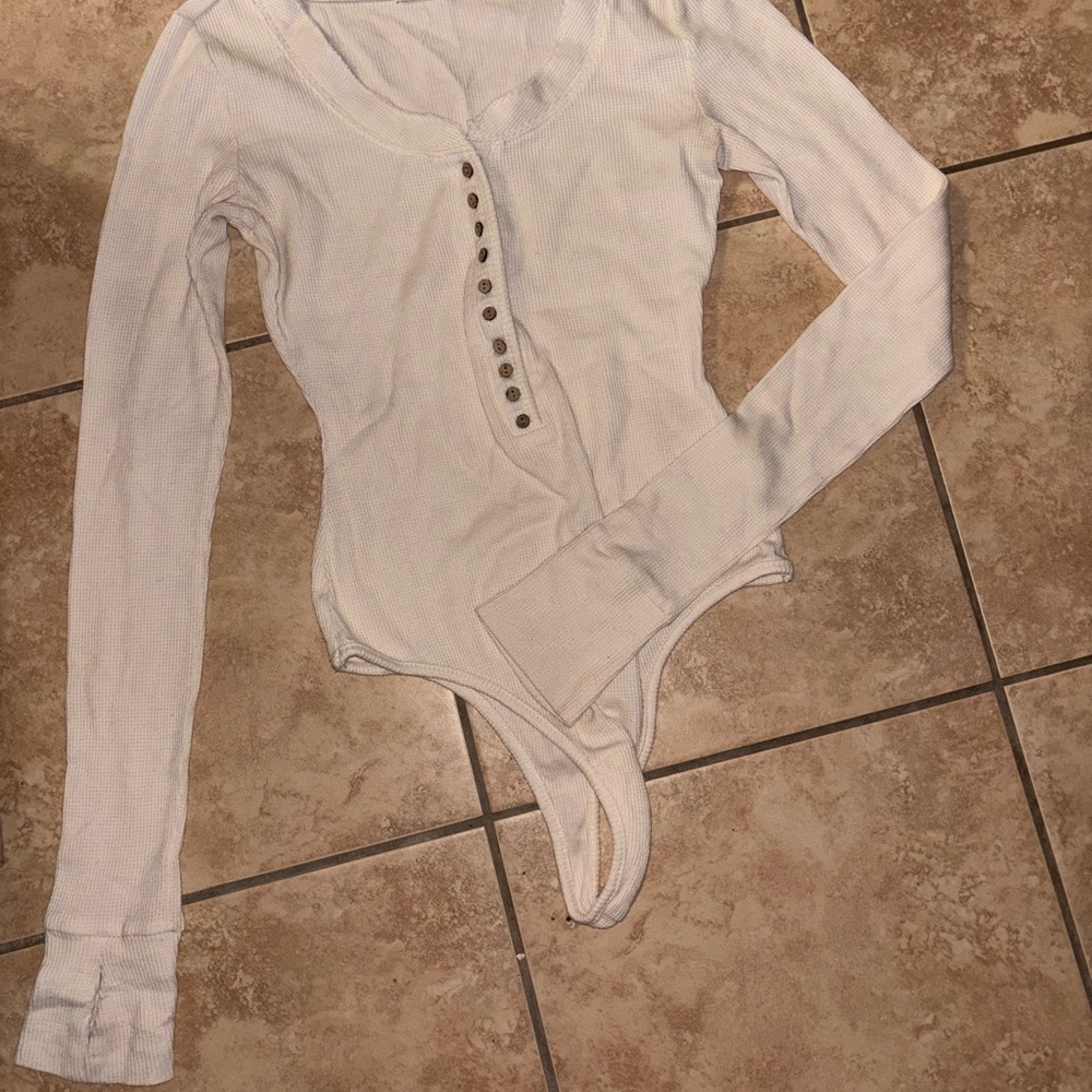 Ribbed Long Sleeve Henley Bodysuit in White